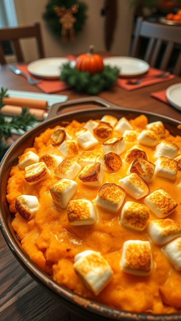 Sweet mashed yams topped with toasted marshmallows in a baking dish, set on a rustic table.